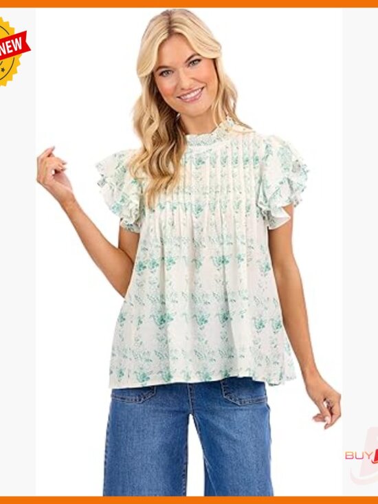 Tops - Flutter Sleeve Cotton Top, Pleated Bodice, Swing Hem, Size Small